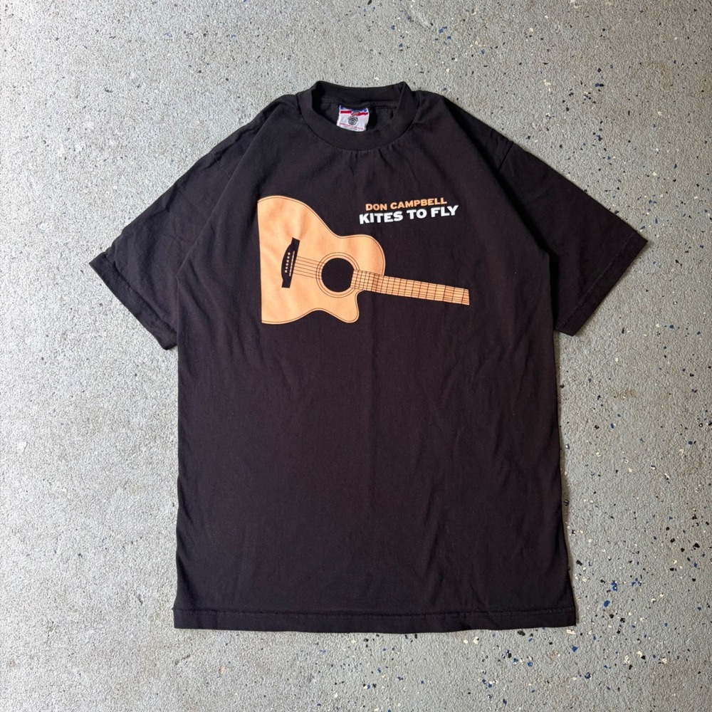 Vintage Don Campbell Kites To Fly Guitar Graphic T-Shirt Black Union Made Medium